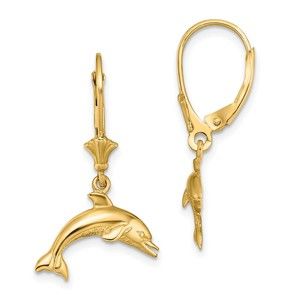 14k Yellow Gold Jumping Dolphin Nautical Sea Life Leverback Earrings